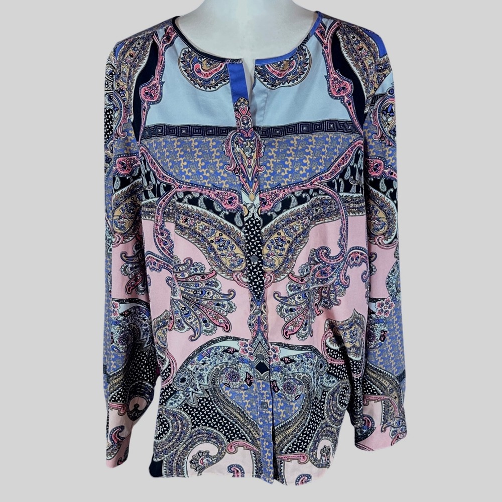 Talbots Blouse Women XL Pink Blue Paisley Long Sleeve Split Neck Top